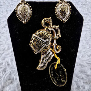 Brooch Knight Helmet w Shield Clip Earrings 24K Gold Plated Medieval Made Spain